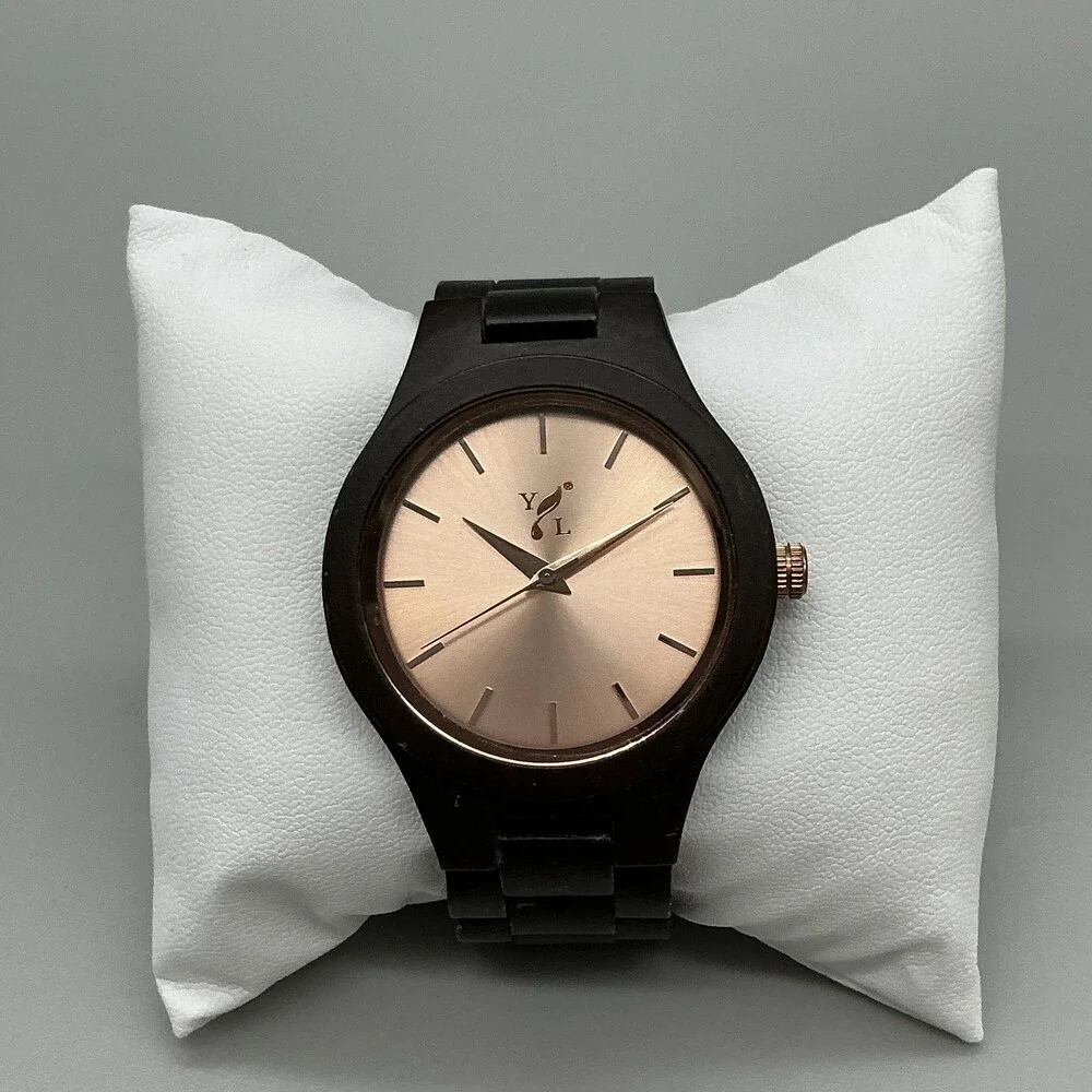 YL Mens Watch 39mm Rose Gold Tone Brown Wood Bracelet New Battery 6.25